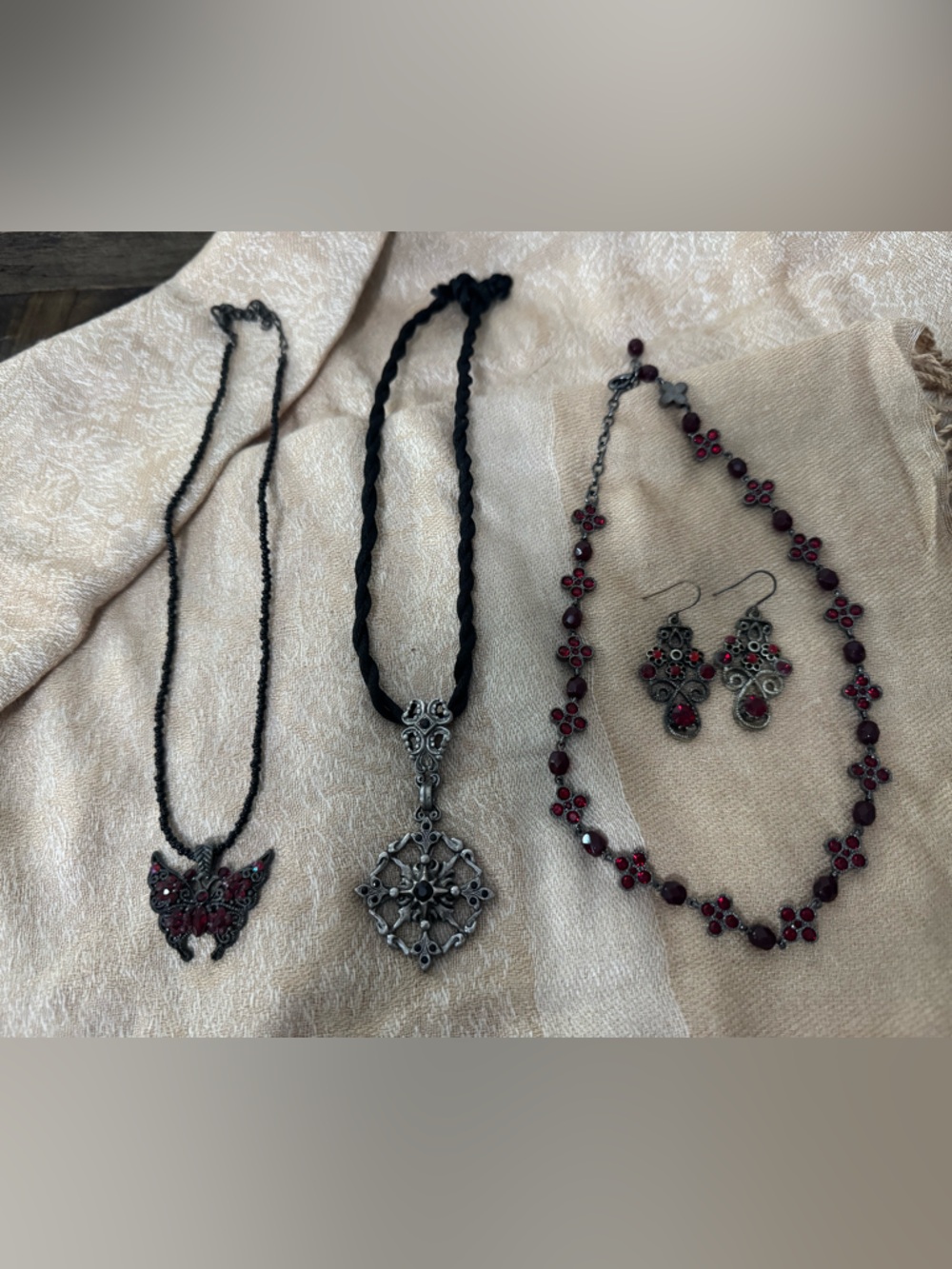 Gothic Romantic Filigree Jewelry Lot - Garnet Red Crystal & Silver Statement